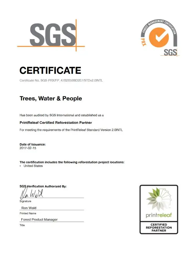 SGS Certificate, PrintReleaf, BXI Consultants